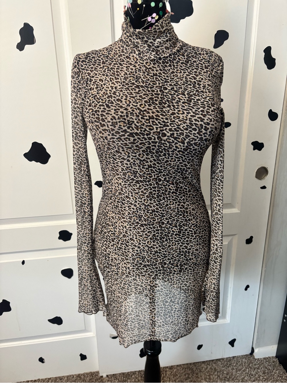 SHEIN Leopard Mesh Bodycon Mini Dress in Beige Black - Picture 4 of 9